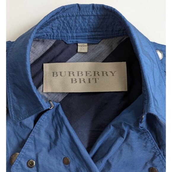 Burberry Brit Blue Women’s Sz 12 Double Breasted Short Trench Coat Lightweight - Picture 4 of 16